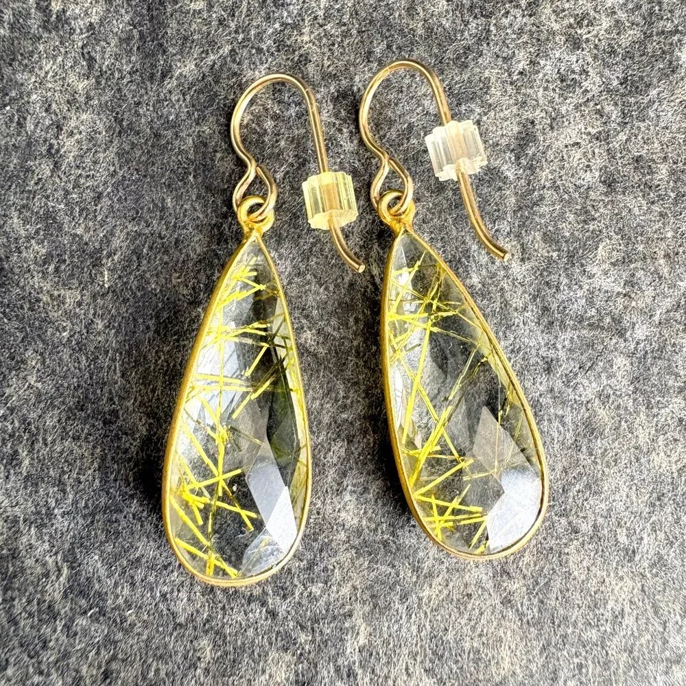 Golden rutile quartz teardrop earrings - wire pierced - bohemian style